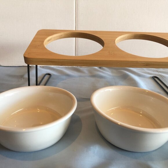 Elevated Cat Dog Pet Ceramic Food Bowls w Bamboo Stand 15 Degree Tilted #F11 - Picture 2 of 5